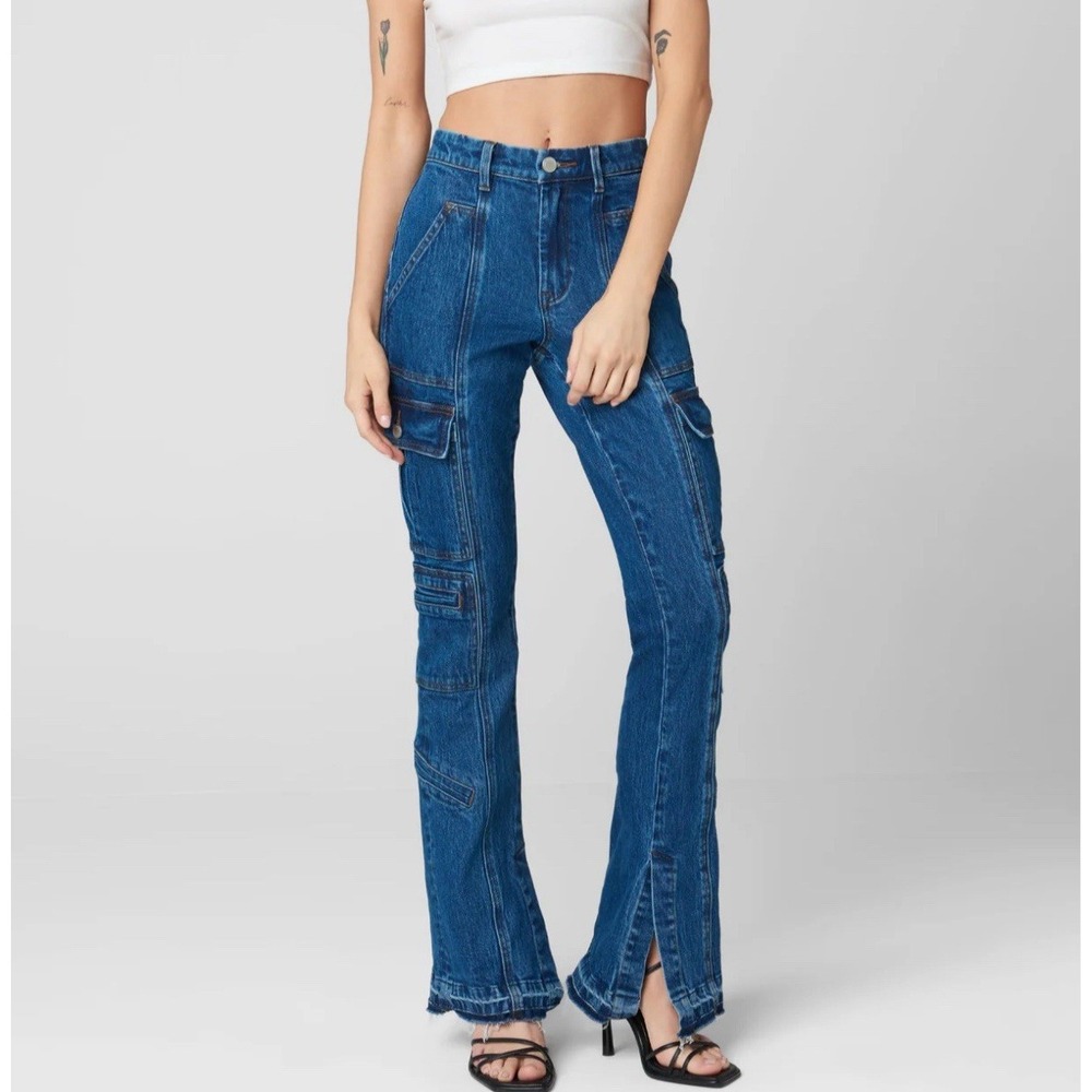 Blue Denim Cargo Flare Pants - Women